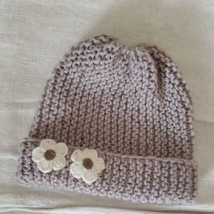 Charming Kids Knit Beanie with Floral Details - Tan